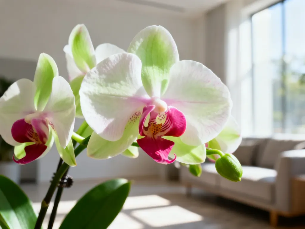 Kwitnący storczyk Phalaenopsis w jasnym, nowoczesnym salonie, podkreślający estetykę domowej uprawy roślin.