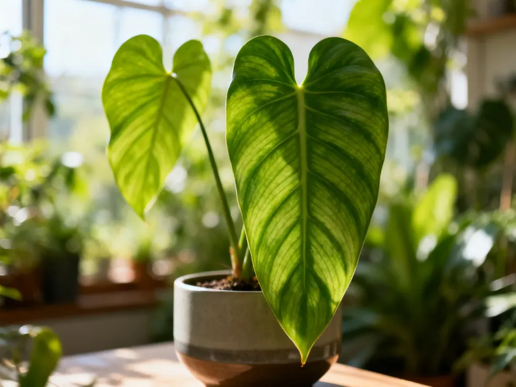 Zbliżenie na liście Philodendron spiritus sancti o charakterystycznym, wydłużonym kształcie i wyraźnym unerwieniu.