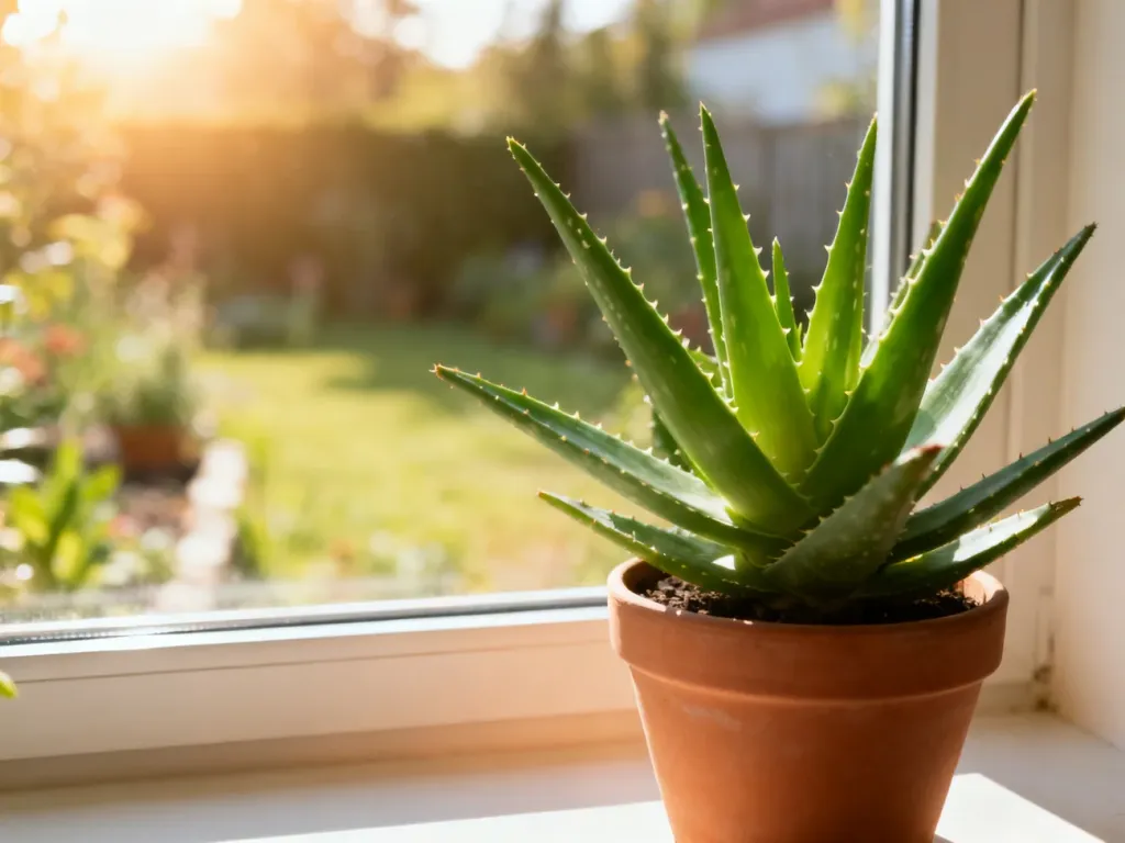 Zdrowy aloes w terakotowej doniczce na słonecznym parapecie, prezentujący mięsiste, zielone liście rośliny.