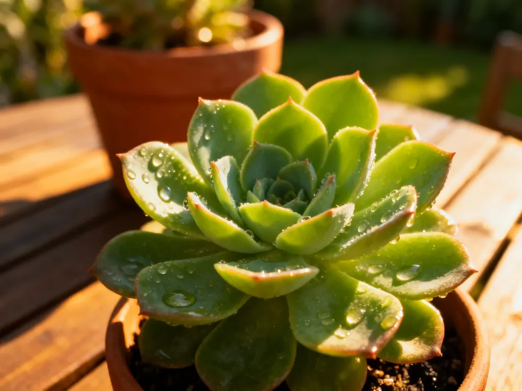 Soczysta echeveria z kroplami wody na liściach, oświetlona porannym słońcem, prezentująca zdrowy wygląd sukulenta.
