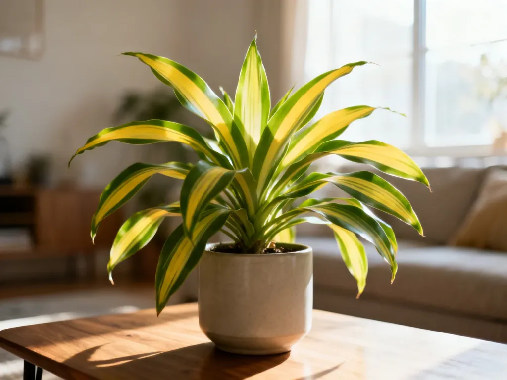 Zdrowa dracena wonna o zielonych liściach z żółtymi paskami w ceramicznej doniczce na drewnianym stole.