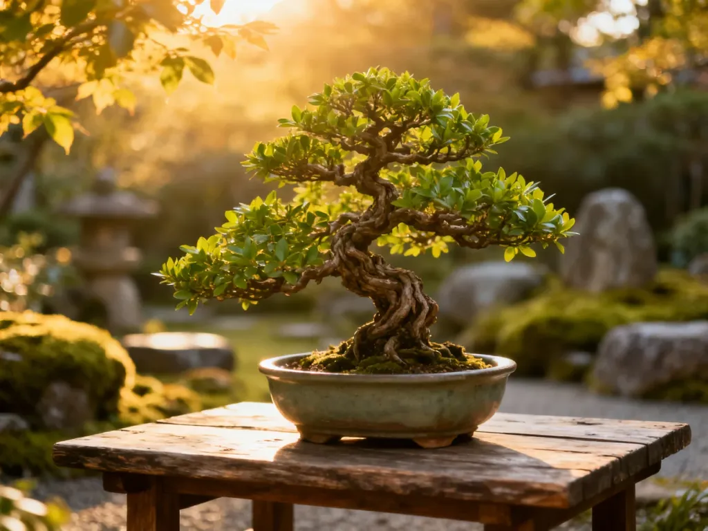 Starannie przycięte drzewko bonsai w ceramicznej doniczce na drewnianym stole, na tle słonecznego ogrodu w stylu japońskim.